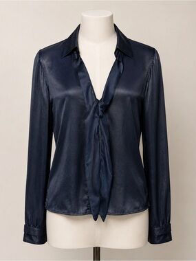 ZERO + Maria Cornejo Navy Satin Draped Tie Front Blouse Size 8